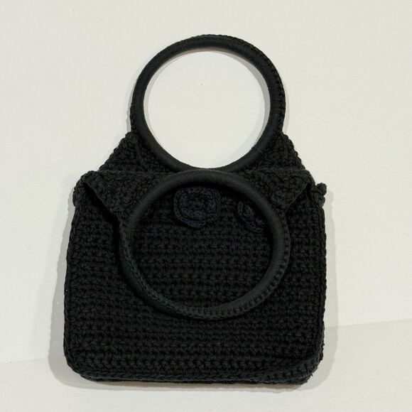 WOMEN CROCHET BLACK VINTAGE CLUTCH PURSE HANDBAG BAG WITH FLOWERS BOHO STYLE - Picture 6 of 15